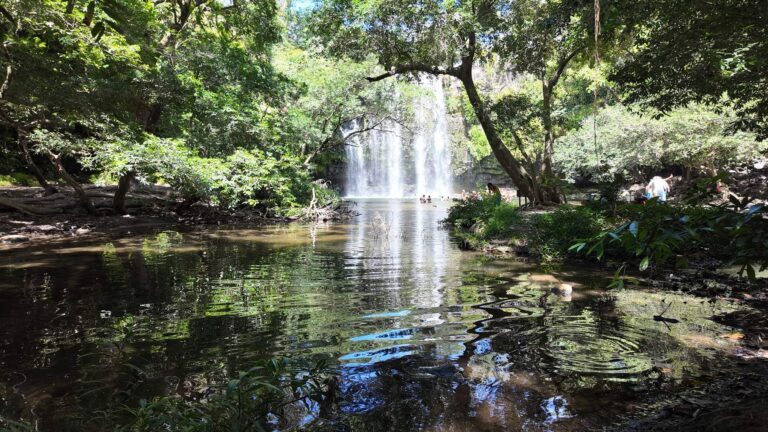 Llanos de Cortés Waterfall seen through the dry forest trees across a calm stream, Guanacaste, Costa Rica