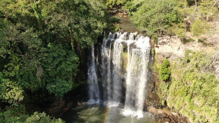 Aerial view of Llanos de Cortés Waterfall and its pool in the dry forest of Guanacaste