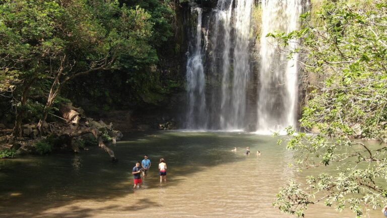 Visitors swimming in the natural pool below Llanos de Cortés Waterfall, Guanacaste