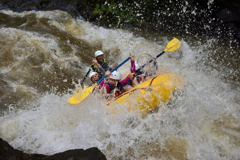 Guests cheering as a yellow raft plunges into a big splash on the Tenorio River, Costa Rica
