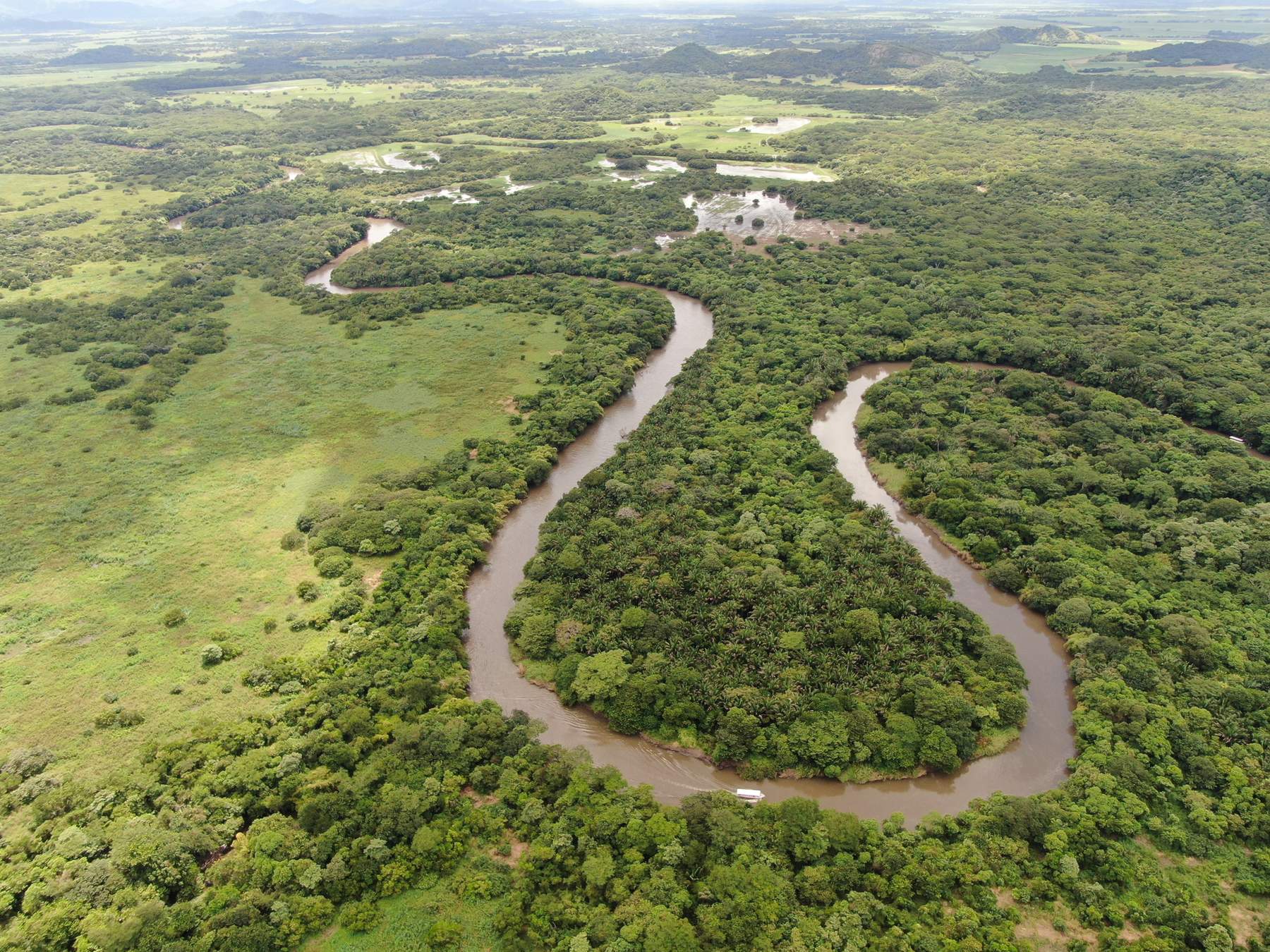 Aerial view of a tour boat on a bend of the Tempisque River through the forest of Palo Verde, Guanacaste, Costa Rica