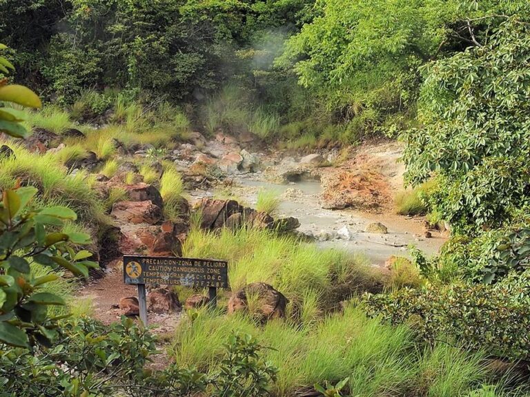 Steaming mud pot with a caution sign on the Las Pailas trail, Rincón de la Vieja National Park, Costa Rica
