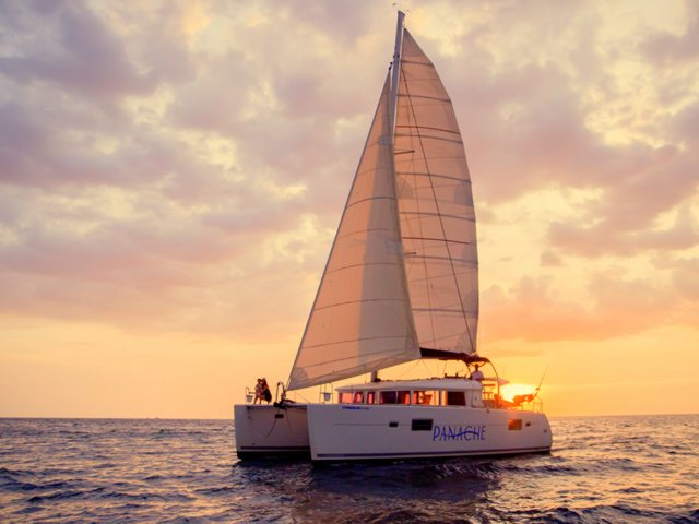Catamaran sailing under a golden sunset sky on the Pacific coast of Guanacaste, Costa Rica