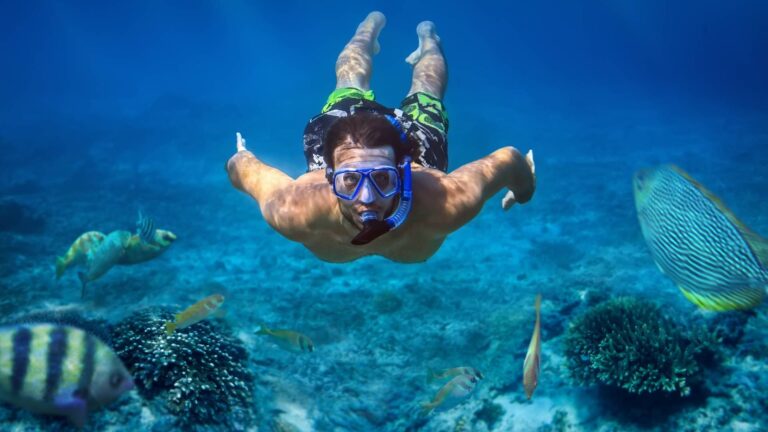 Snorkeler in a blue mask swimming over the reef among colorful tropical fish