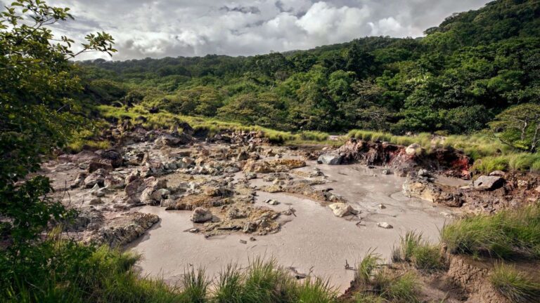Wide field of grey volcanic mud pots surrounded by forest in Rincón de la Vieja National Park, Costa Rica